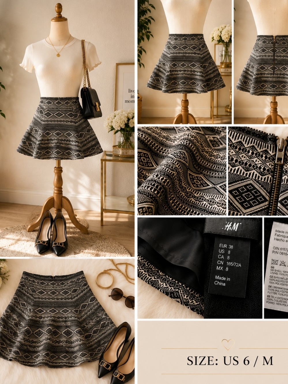 H&M Black & White Geometric Skater Skirt